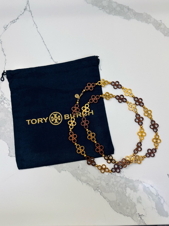 Tory Burch Jewelry - Tory Burch 35” Wood and Gold Logo Chain Necklace, Lariat Style